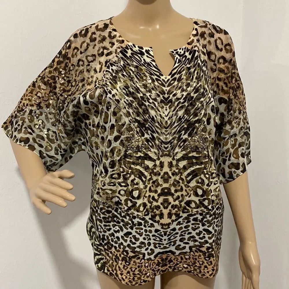 Chico’s Reverse Patchwork Flutter Split-Neck Animal Print Top size L - Picture 2 of 10